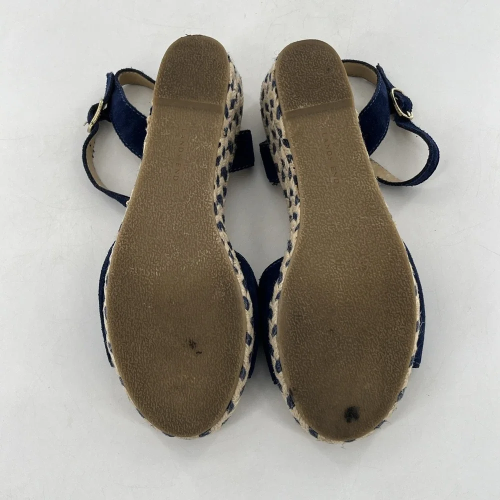 Lands End Espadrille Sandal Womens 7 Wedge Slingback Open Toe Blue Suede Chevron